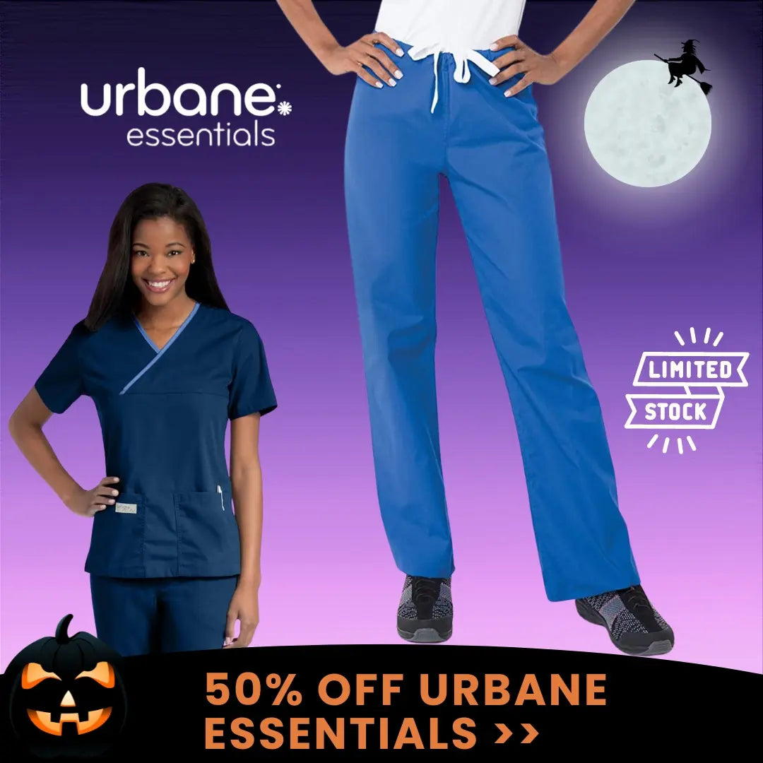 A look at some of the available Urbane Essentials items at Scrub Pro Uniforms on a purple and black Halloween themed print. 50% off Urbane Essentials while supplies last.