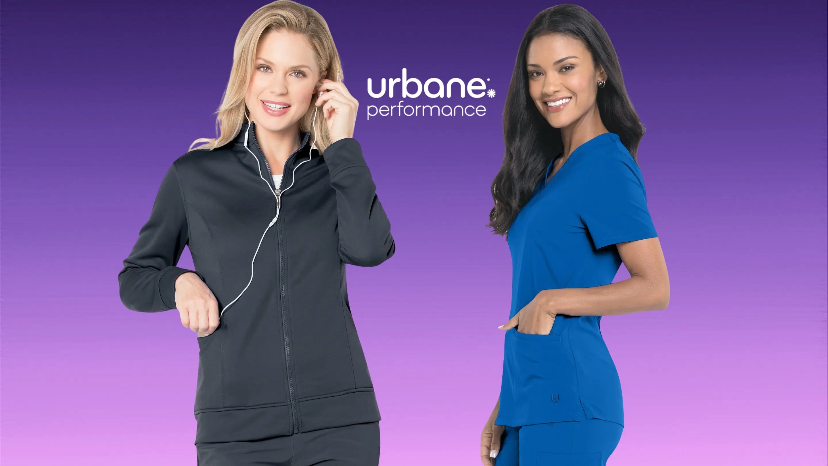 Two young female nurses showcasing some of the available styles in Scrub Pro's collection of Urbane Performance Scrubs from Landau.