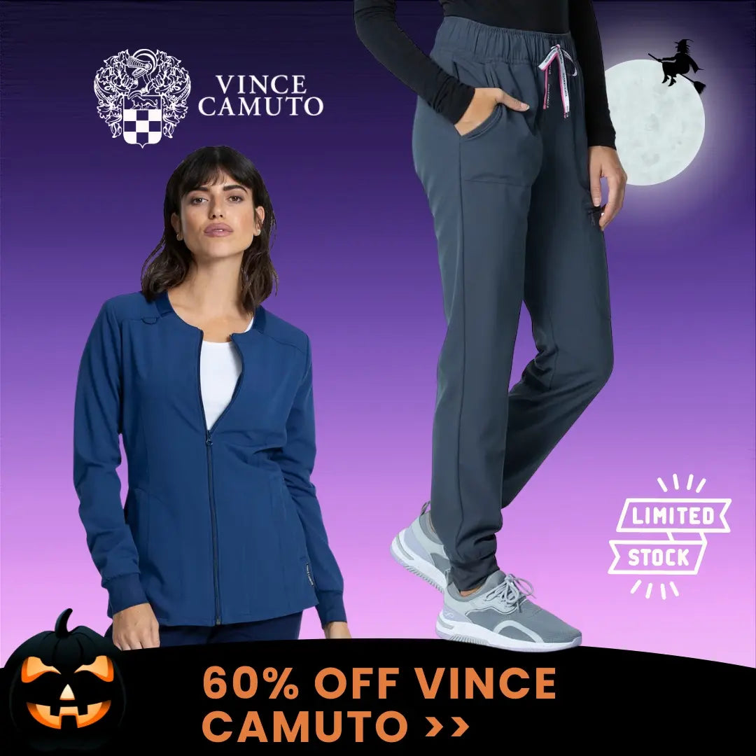 Vince Camuto scrubs are 60% off at Scrub Pro Uniforms while supplies last.