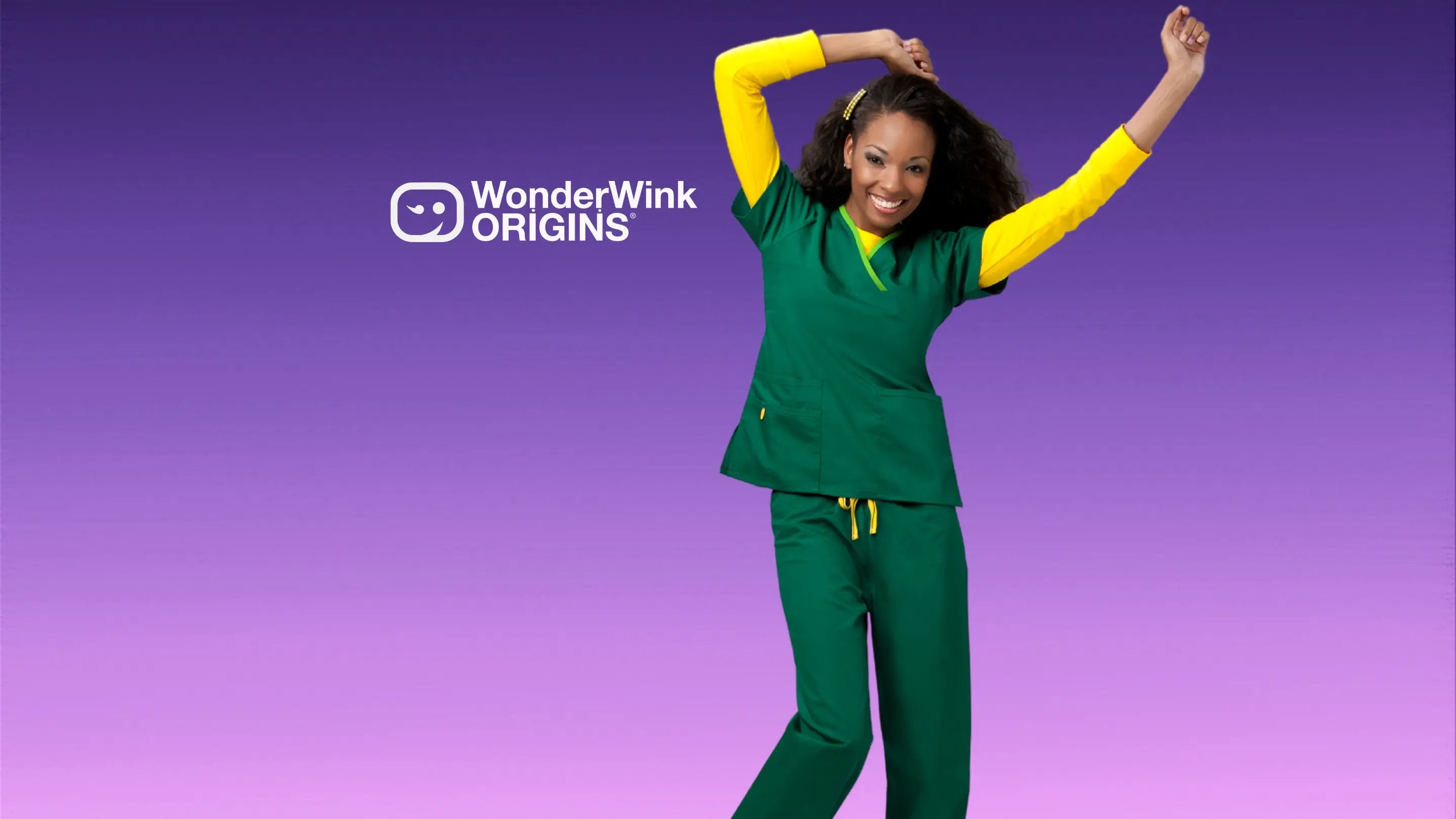 A young female surgeon showcasing on of the available styles in Scrub Pros collection of WonderWink Origins on a light purple background.