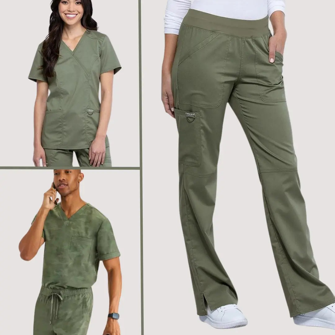 A few young surgeons showcasing some of the best-selling products from Scrub Pro's collection of Olive Green Scrubs and more on a light grey background.