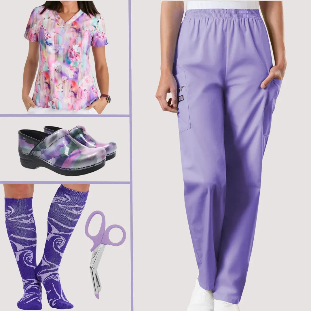 A look at some of the best-selling products from Scrub Pro's collection of Orchid Scrubs and More on a light grey background including solid scrubs, print scrub tops, nursing footwear, and medical devices.