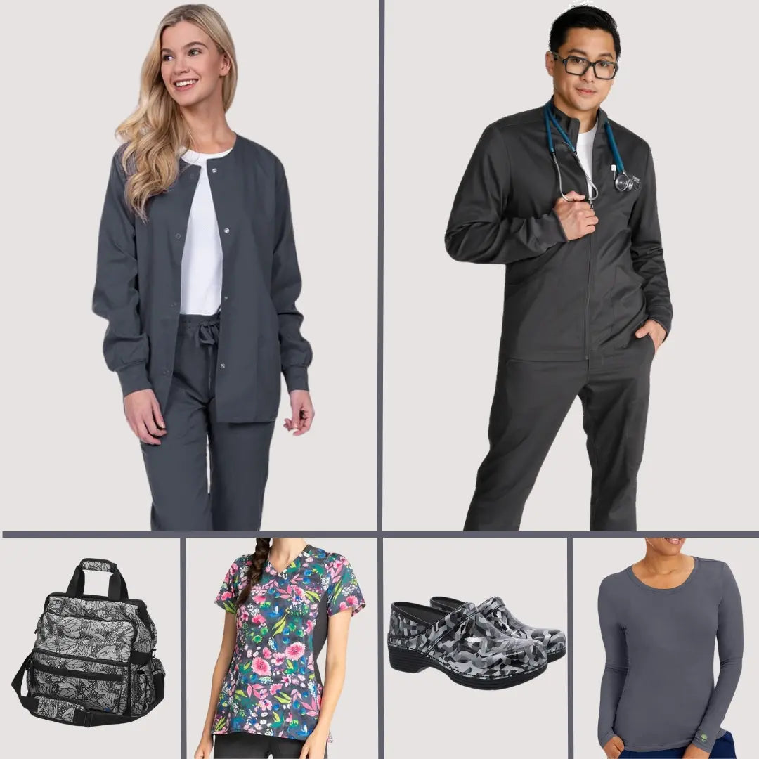 A couple young pharmacy techs showcasing some of the best-selling products from Scrub Pro's collection of Pewter Scrubs and More on a light grey background.