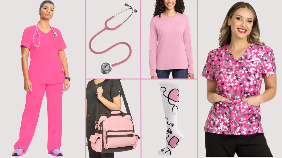 A variety of available items in Scrub Pro's collection of Pink Scrubs and More on a light grey background.