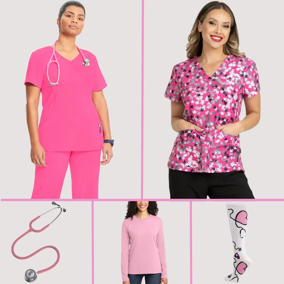 A collection of available products in Scrub Pro's collection of Pink Scrubs and More on a light grey background.