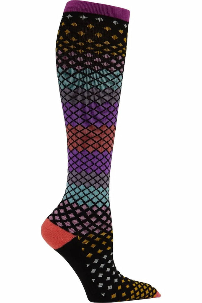The Cherokee Women's Knee High Compression Sock in Pleasant featuring a stylish knit patterened print in shades of black, purple, blue and orange.