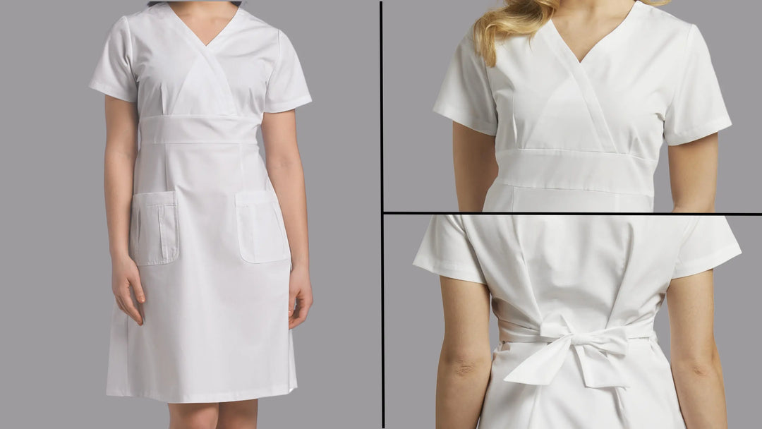 A collection of images showcasing the front and back of one of Scrub Pro's available scrub dresses on a grey background.