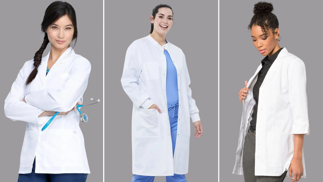 Three young female lab techs showcasing some of Scrub Pro's selection of Plus-Size Women's lab coats on a light grey background.