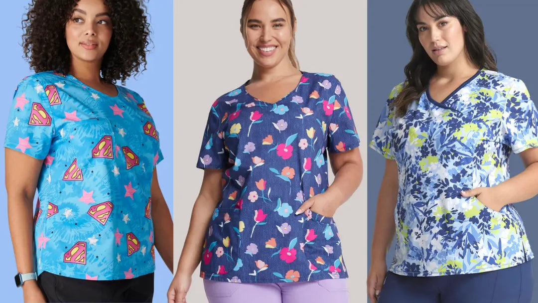 Three young pediatric Nurses wearing some of the available tops in Scrub Pro Uniform's collection of Plus Size Women's Print Scrub Tops.