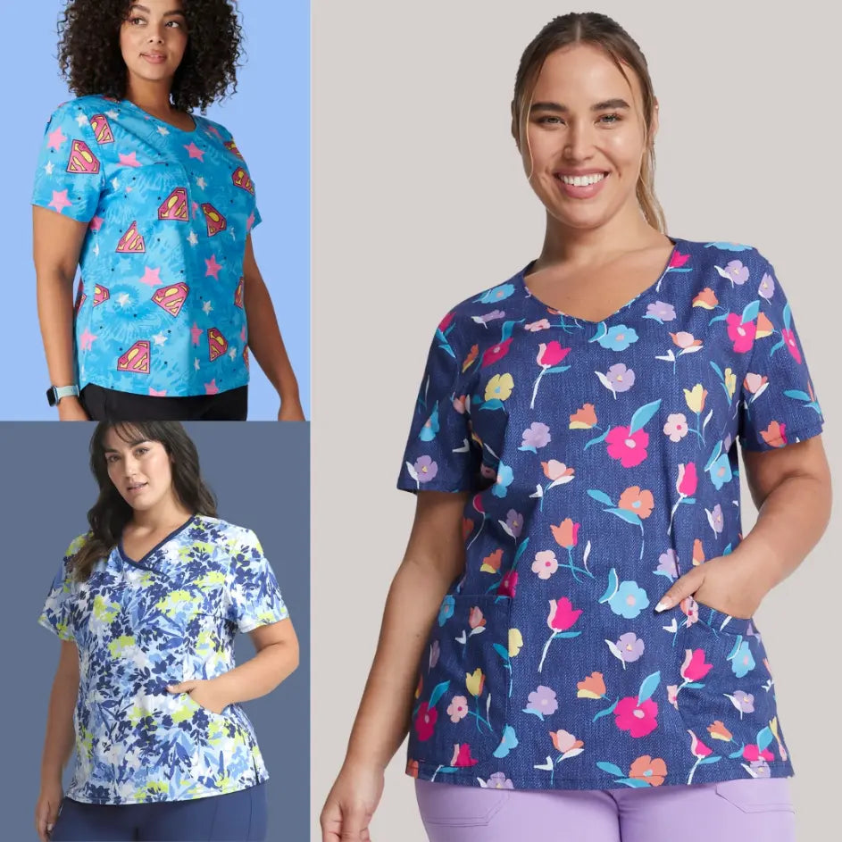 Three young female Pediatric Nurses showcasing some of the available print tops in Scrub pro's collection of Plus Size Women's Printed Scrub Tops.