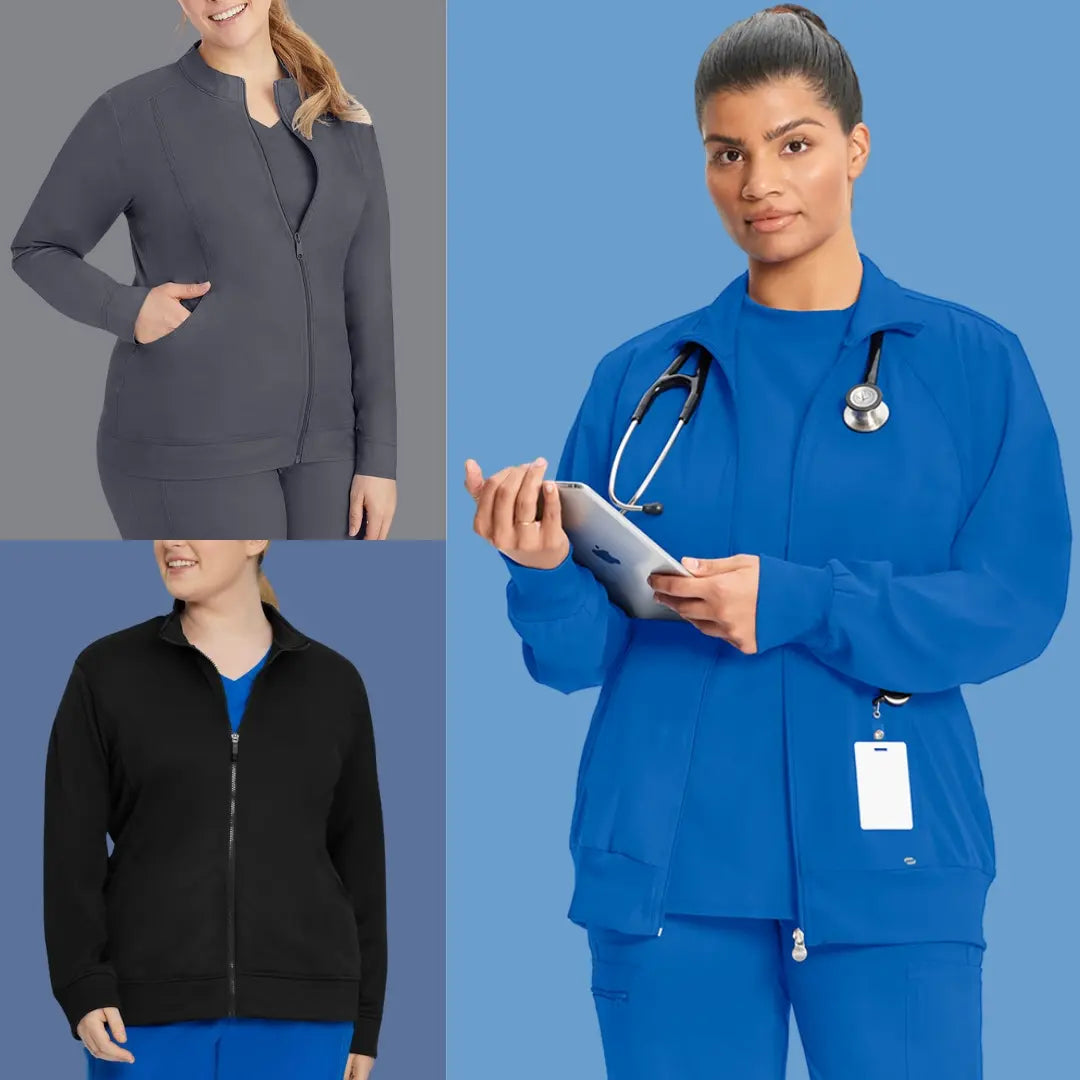 Three young female healthcare professionals displaying some of Scrub Pro's selection of Plus Size Women's Scrub Jackets on a multi-colored background. 