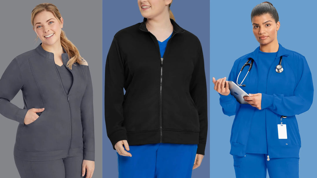 Three young female physical therapists showcasing some of the available styles in Scrub Pro's collection of Plus-Size Women's Scrub Jackets.