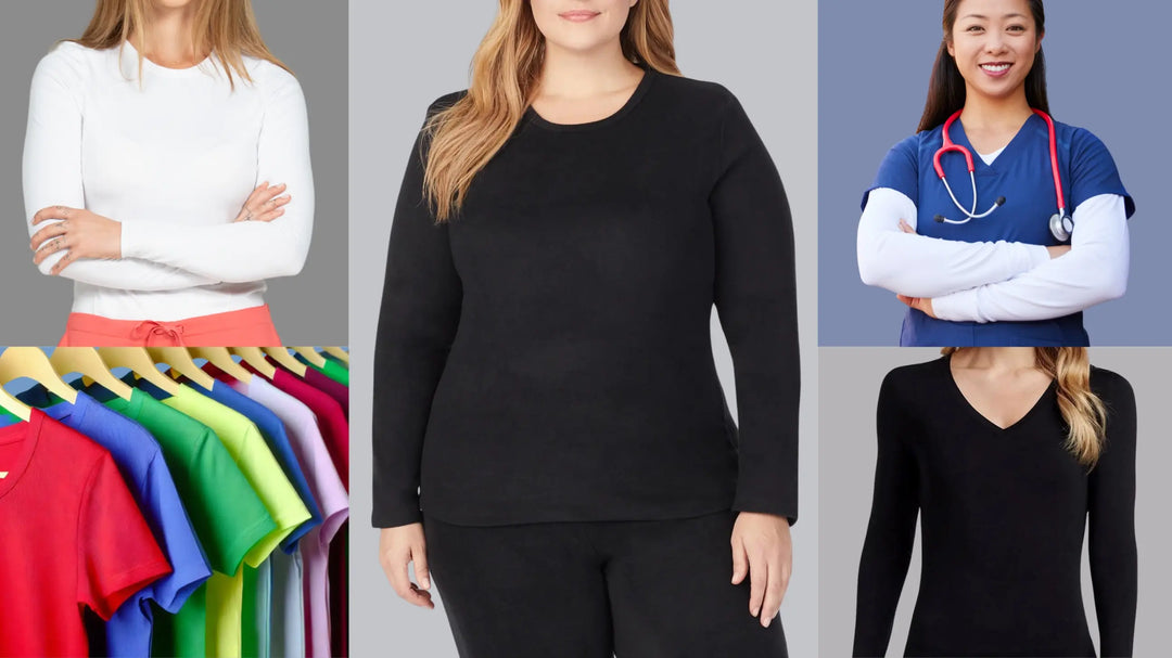 A collage of Scrub Pro's available plus size t-shirts on a multi-colored background.