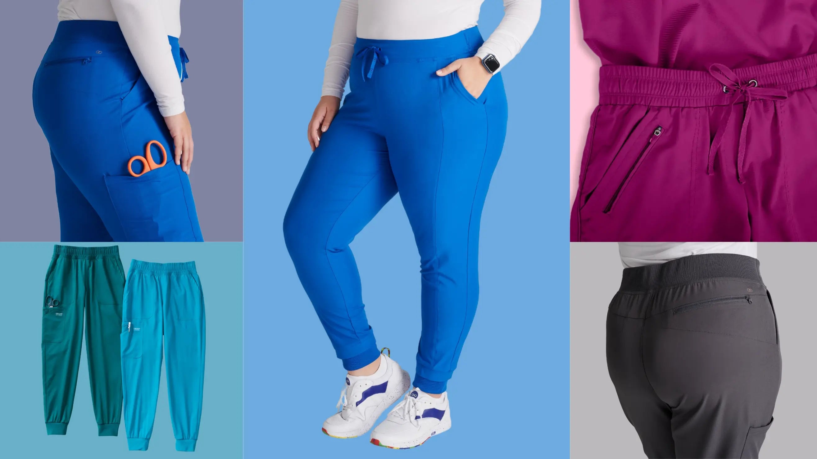 A collage of available styles in Scrub Pro's collection of Plus Size Women's Scrub Pants on a multi-colored background.