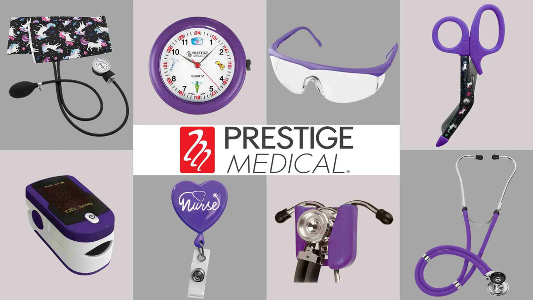 A collage of items that are available in Scrub Pro Uniform's collection of Prestige Medical devices and accessories.