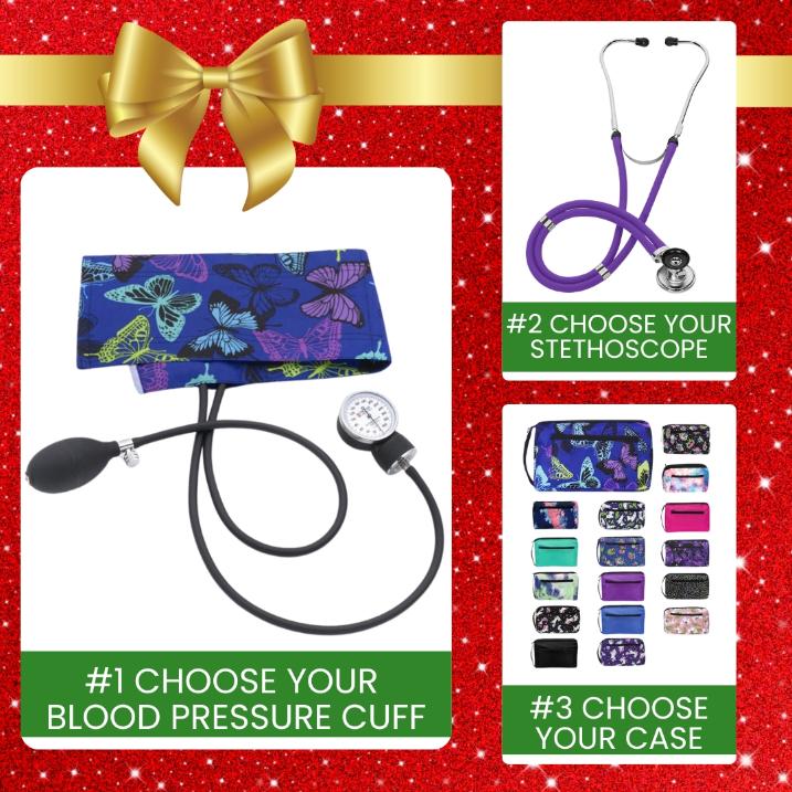 Get one blood pressure cuff, one stethoscope and one medical carrying case in Scrub Pro's Prestige Medical BP Cuff Holiday Bundle.