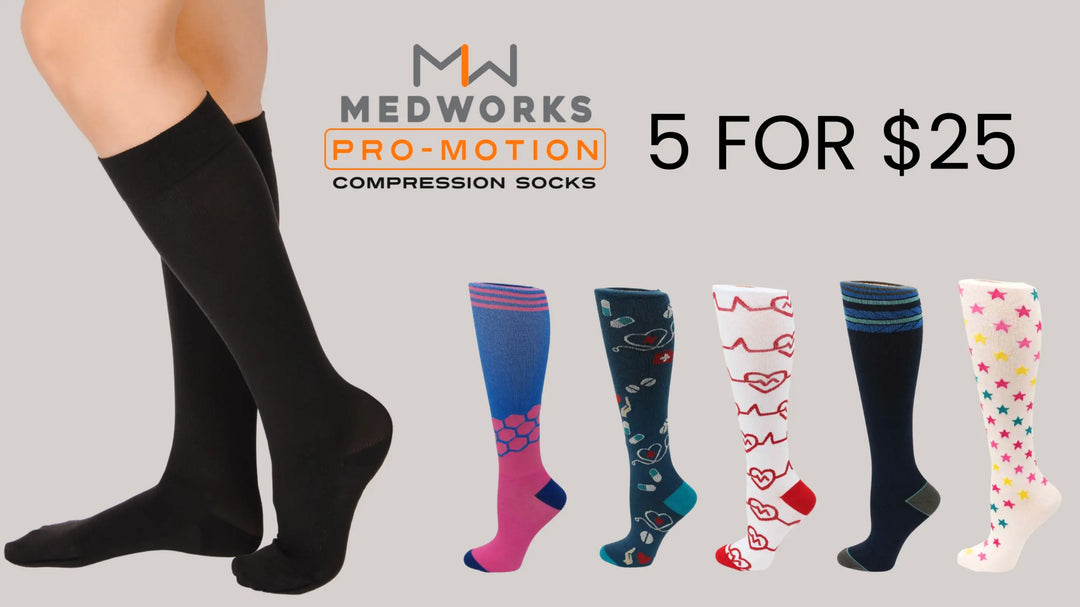 Pro Motion Compression Socks are 5 for $25 at Scrub Pro Uniforms.