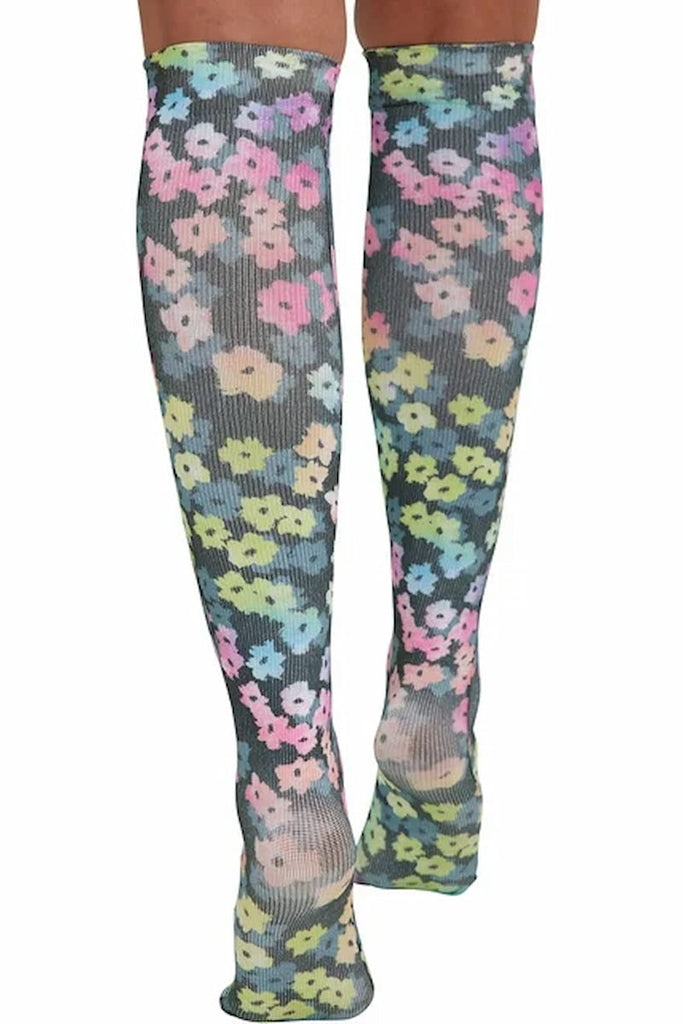 The back of the HeartSoul Women's Support Compression Sock in Rainbow Blossoms featuring a calf circumference of 17".