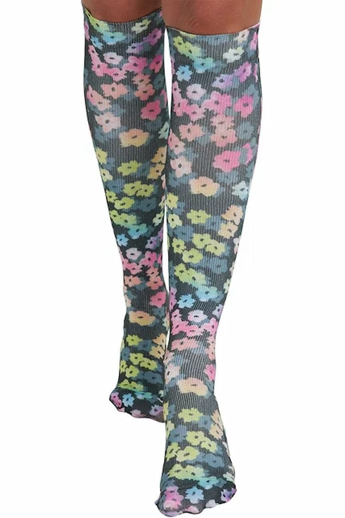 The front of the HeartSoul Women's Support Compression Sock in Rainbow Blossoms featuring 8-15 mmHg of compression.