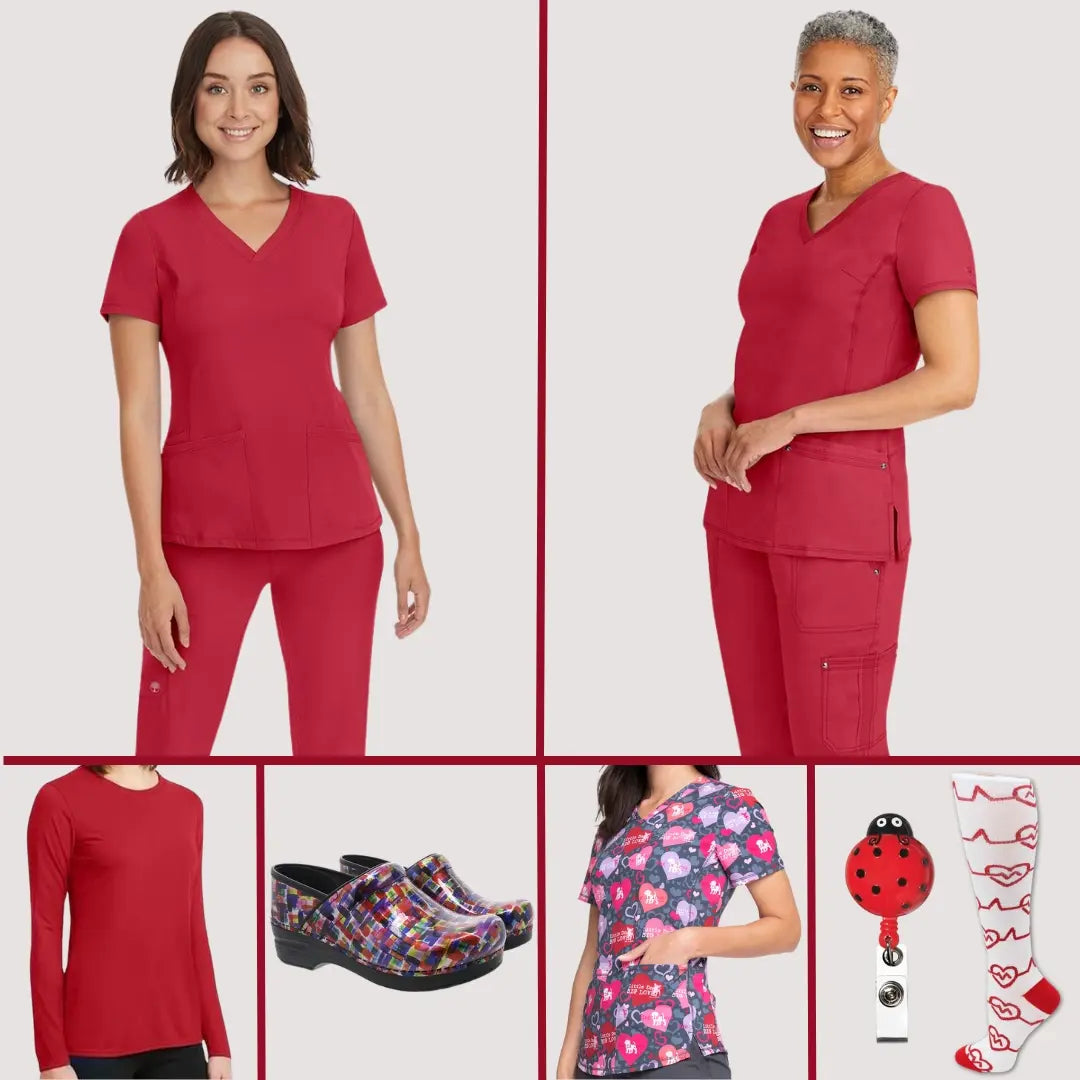 A few Cardiovascular Nurses showcasing some of the available products from Scrub Pro's collection of Red Scrubs and More on a light grey background.