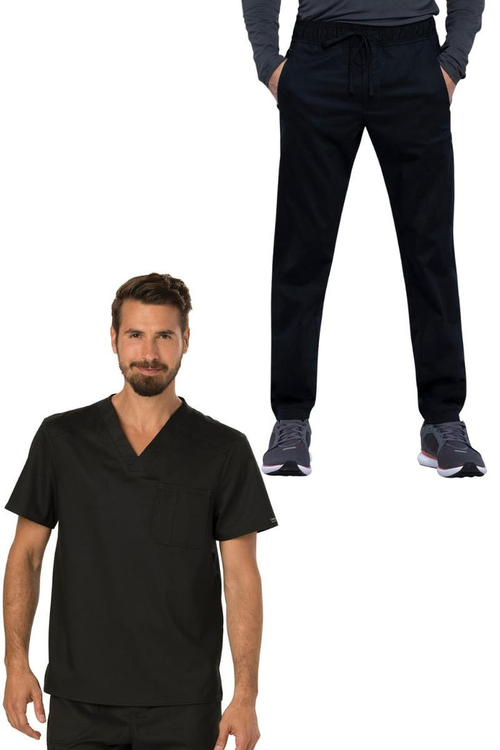 A look at the Cherokee Workwear Revolution Men's Single Pocket V-Neck Scrub Top and the Cherokee Workwear Revolution Men's Jogger Scrub Pant in Black.