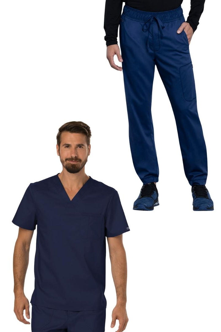 A look at the Cherokee Workwear Revolution Men's Single Pocket V-Neck Scrub Top and the Cherokee Workwear Revolution Men's Jogger Scrub Pant in Navy Blue.