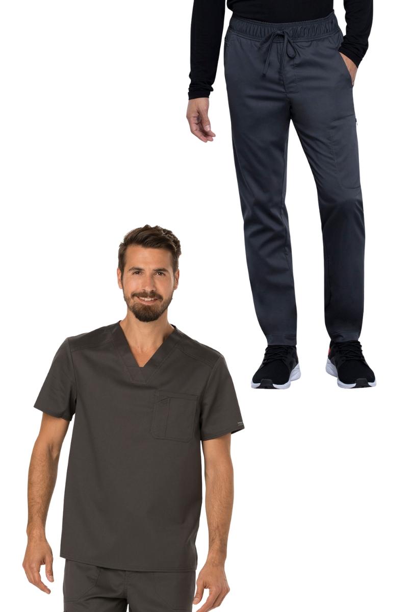 A look at the Cherokee Workwear Revolution Men's Single Pocket V-Neck Scrub Top and the Cherokee Workwear Revolution Men's Jogger Scrub Pant in Pewter.