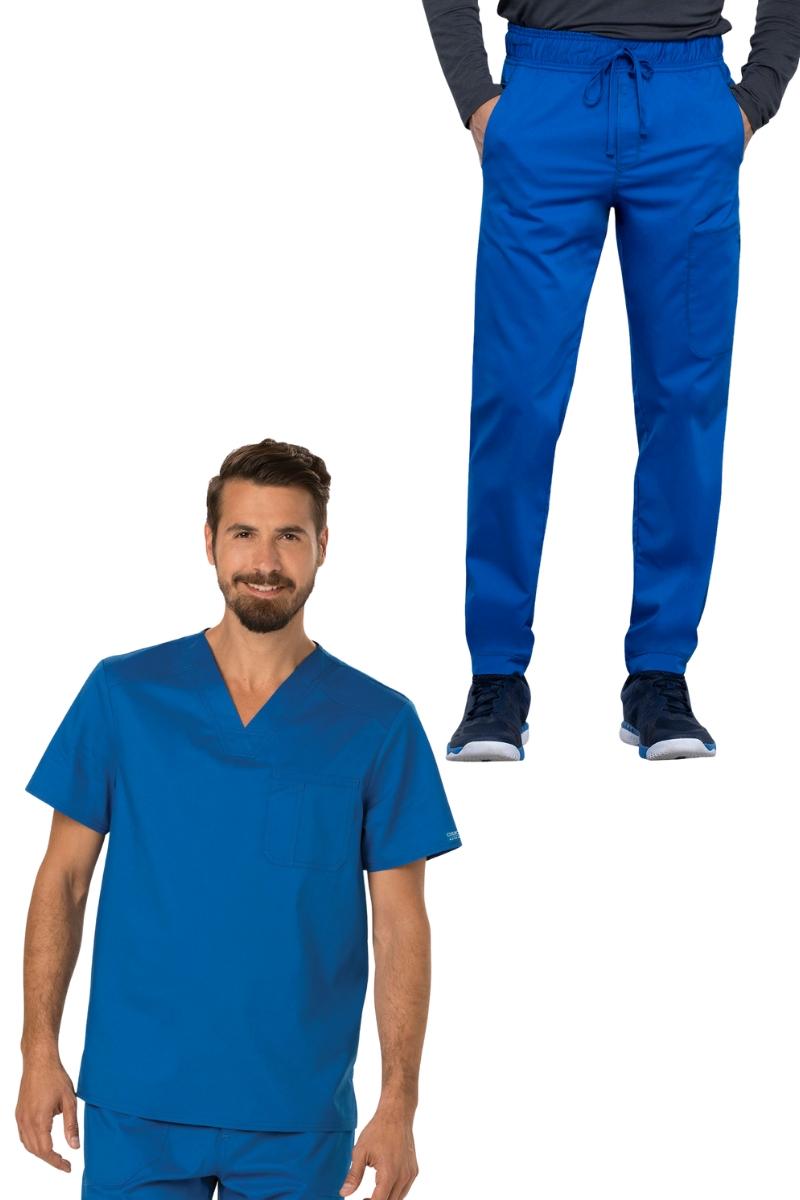 A look at the Cherokee Workwear Revolution Men's Single Pocket V-Neck Scrub Top and the Cherokee Workwear Revolution Men's Jogger Scrub Pant in Royal Blue.