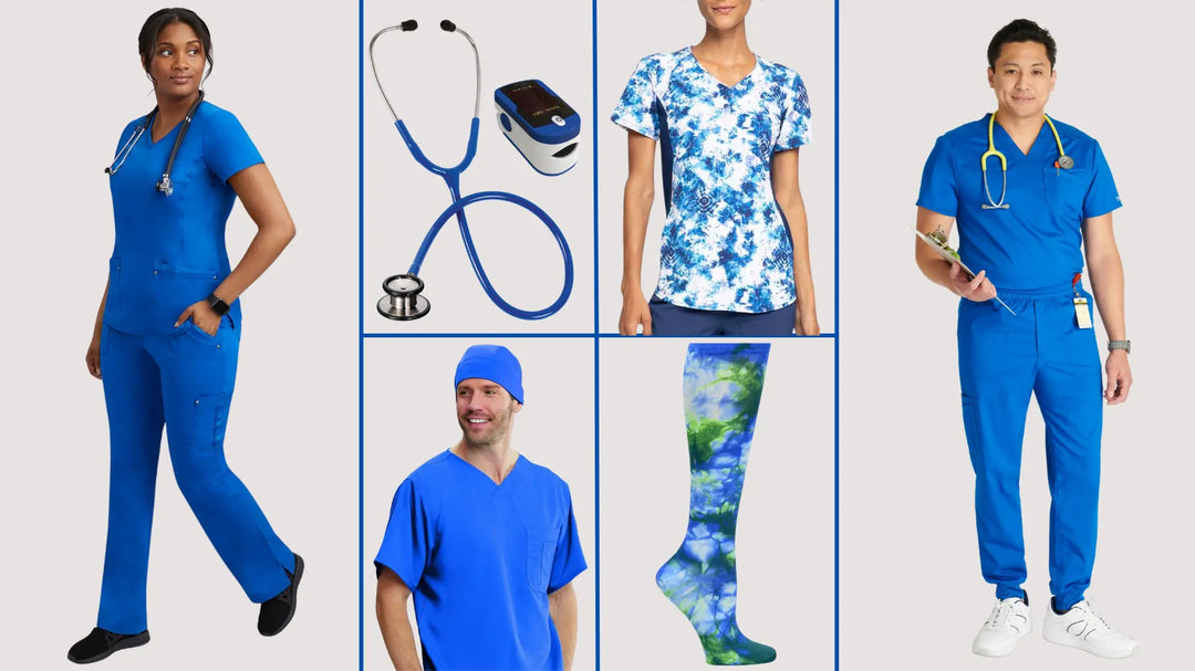 A sneak peek at some of the best-selling products from Scrub Pro's Royal Blue Scrubs and More collection on a light grey background.