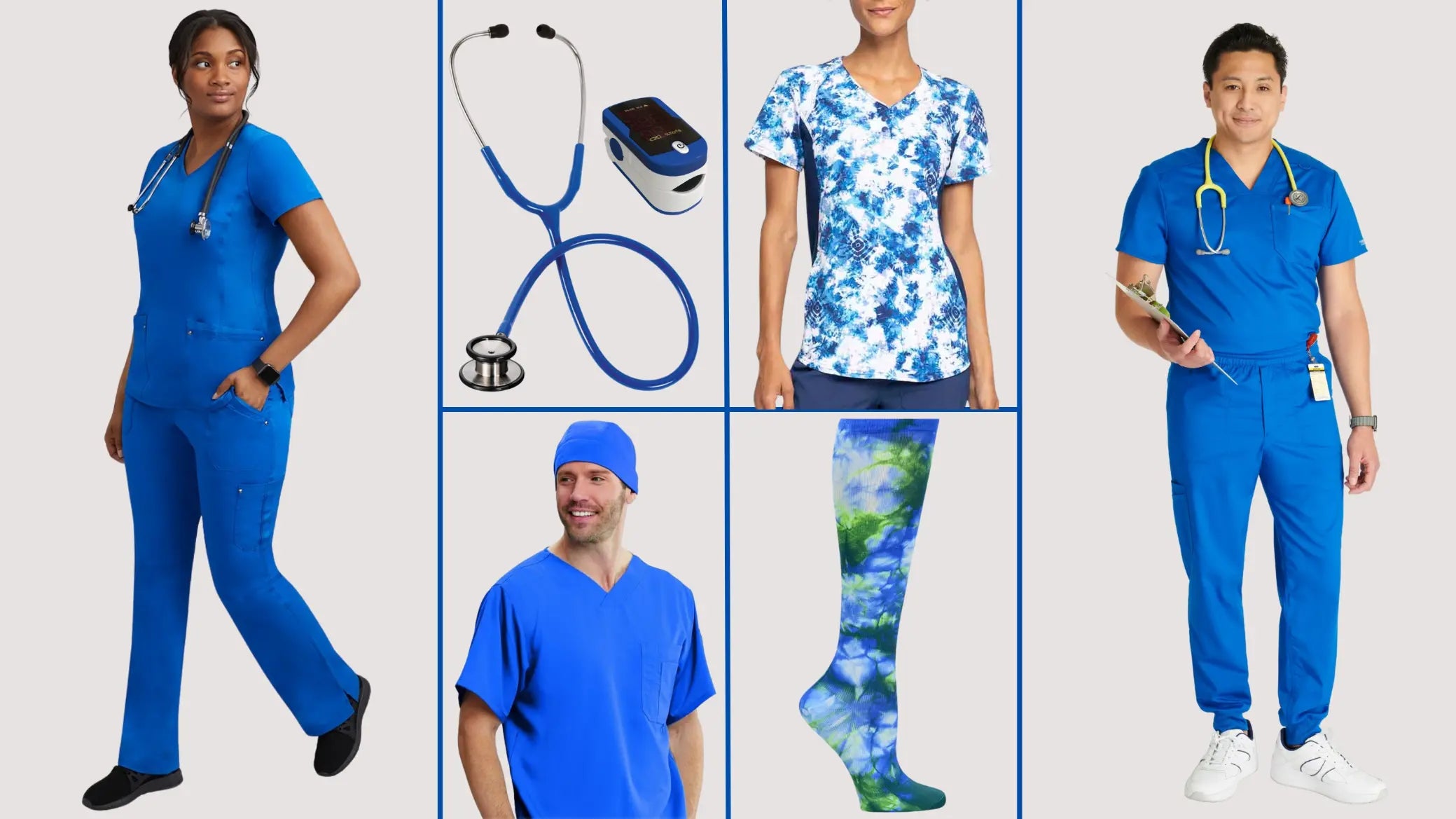 A sneak peek at some of the best-selling products from Scrub Pro's Royal Blue Scrubs and More collection on a light grey background.