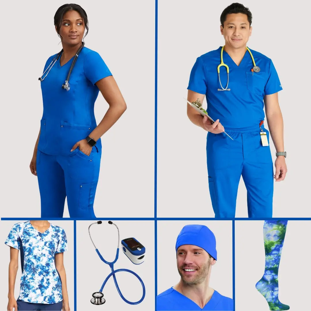 A variety of Royal Blue scrubs and accessories from Scrub Pro's collection of Royal Scrubs and More collection on a light grey background.