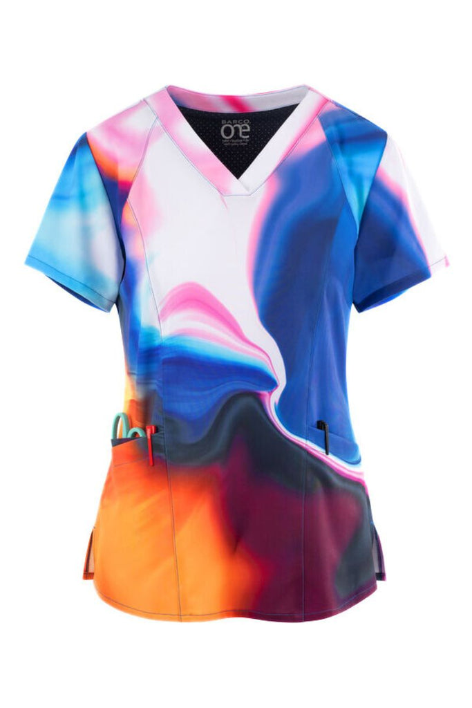A look at the Barco One Women's Printed Scrub Top in "Shimmering Skies" featuring two front angled pockets. 