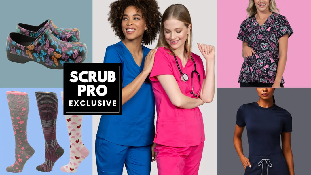 A collage of available items in Scrub Pro's collection of Exclusive Women's products on a multi-colored background.