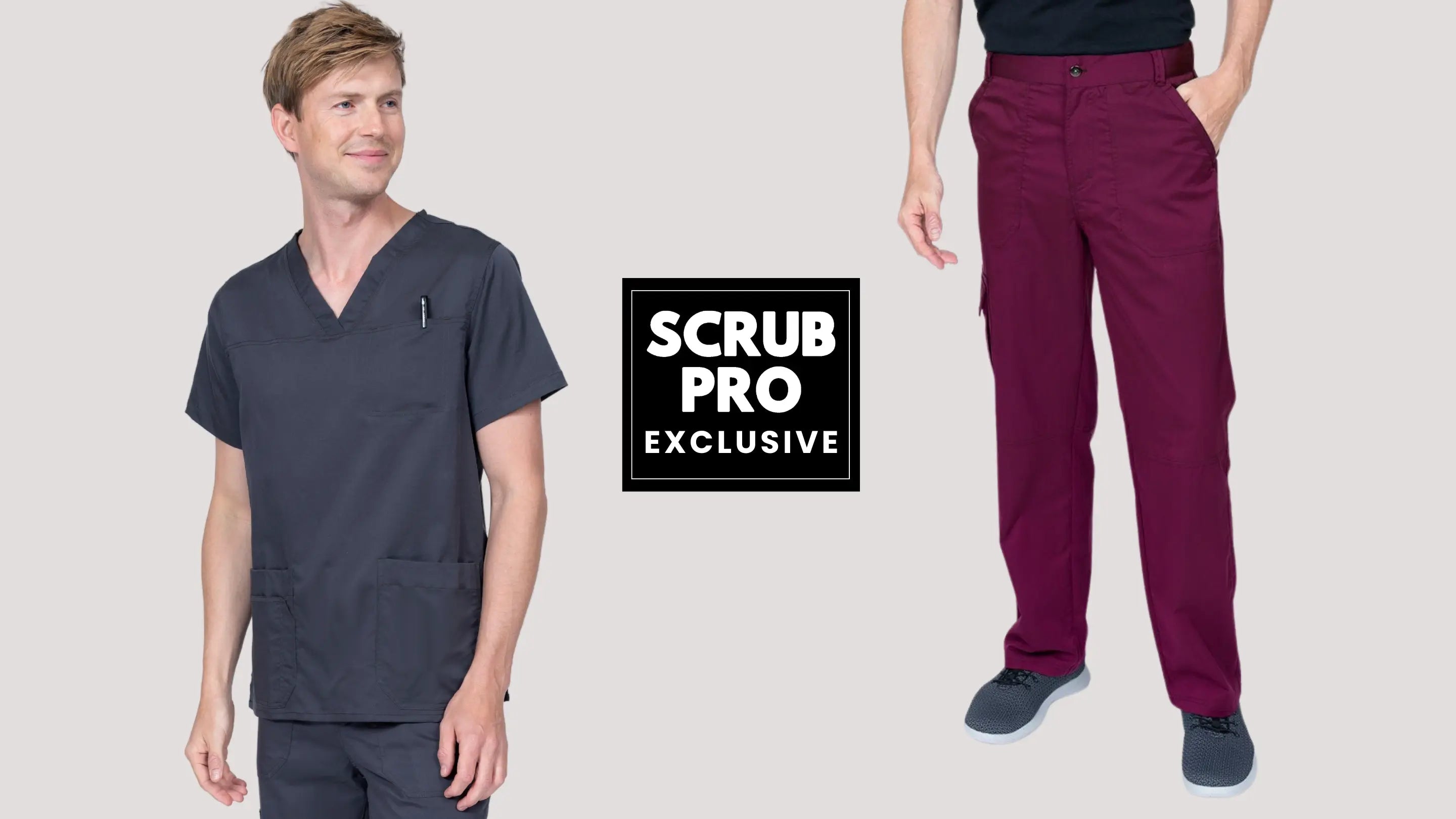 Two young male nurses displaying some of the available scrub styles in Scrub Pro Uniforms' collection of Exclusive Men's Scrubs.