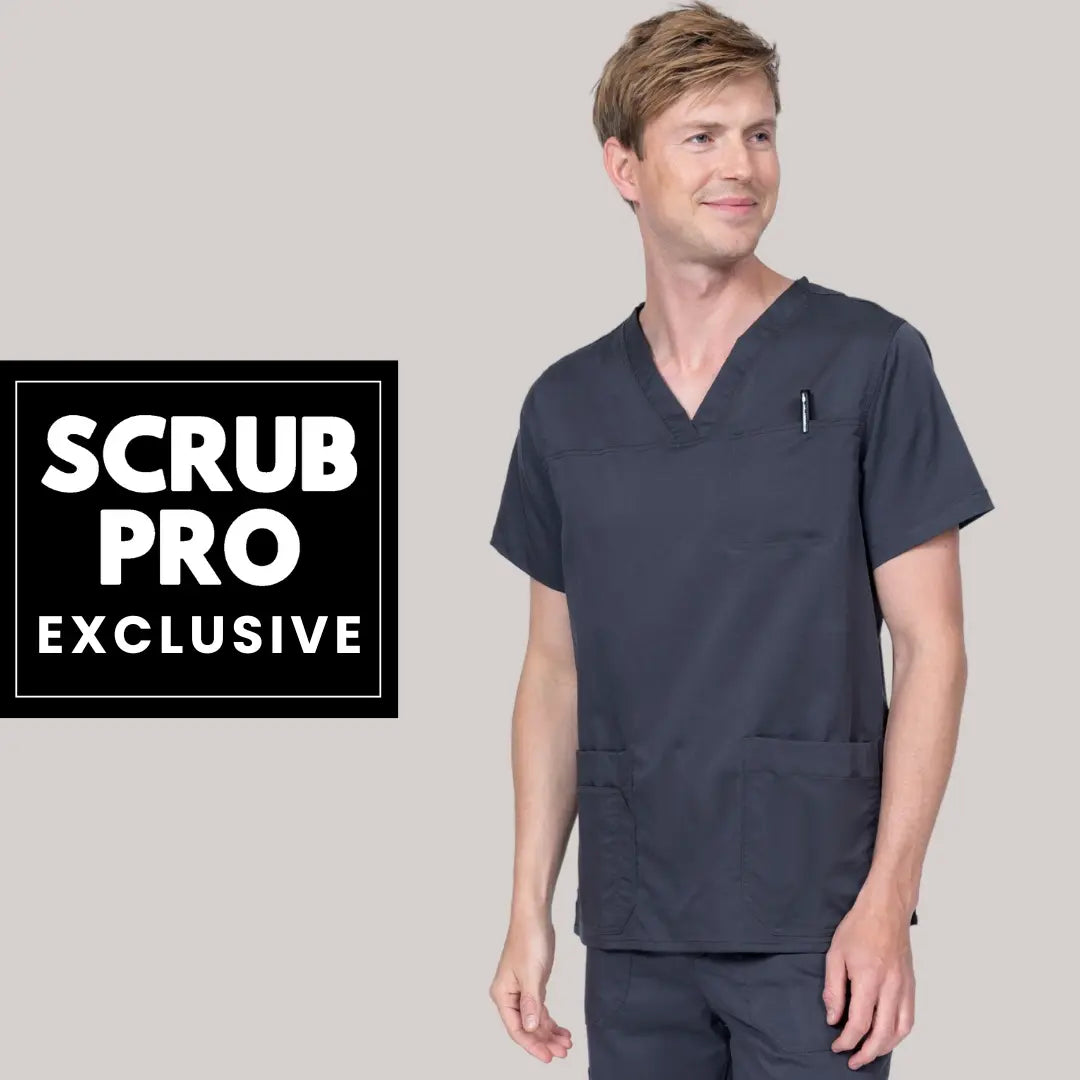 A young male lab tech showcasing some of the available  scrub styles in Scrub Pro's collection of Exclusive Men's Scrubs.