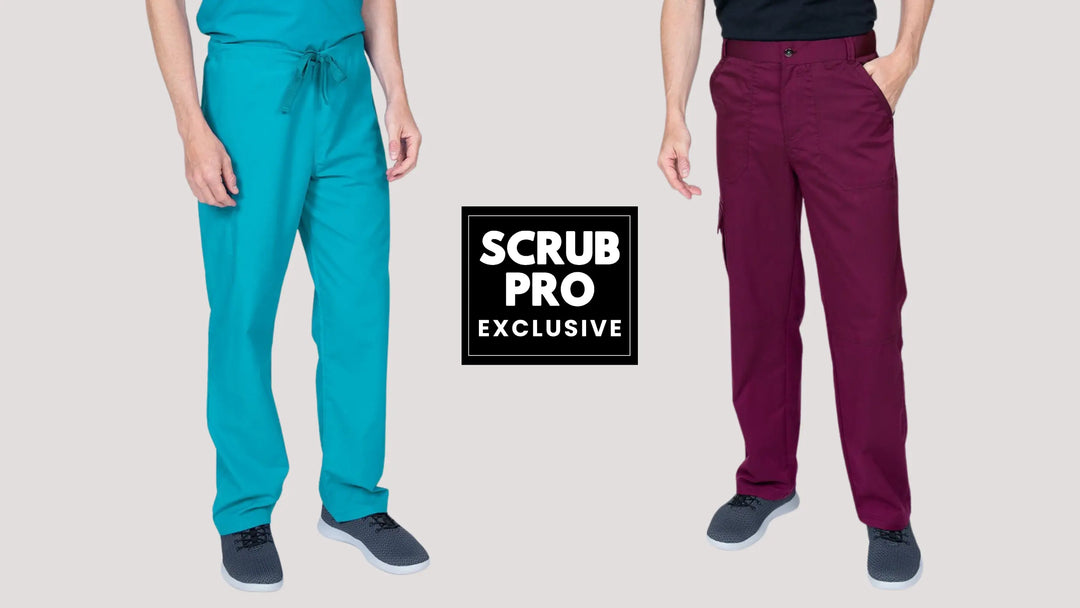 Two young male nurses showcasing some of the available styles in Scrub Pro's collection of Exclusive Men's Scrub Pants.