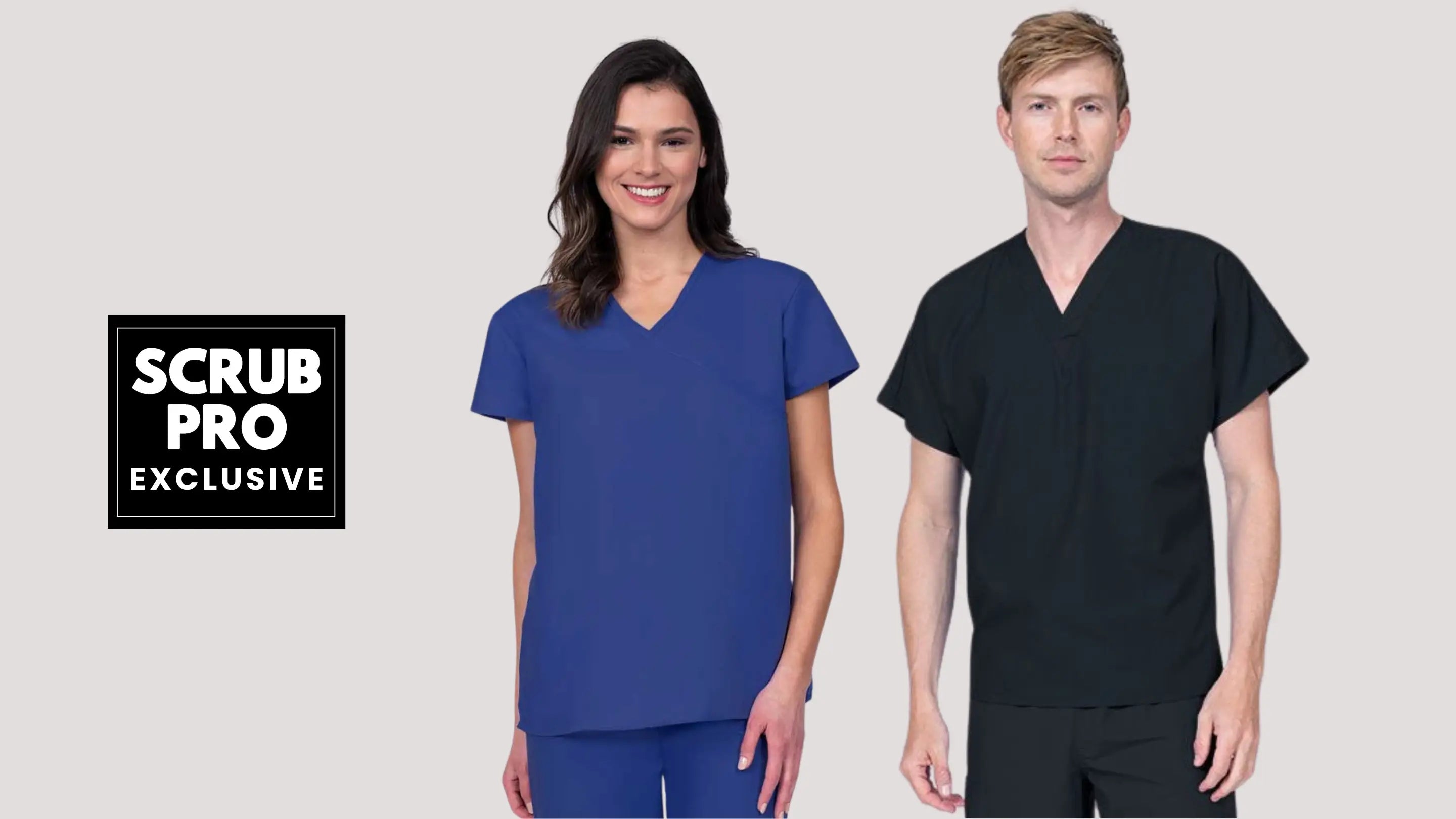 Two young healthcare workers displaying some of the available scrub styles in Scrub Pro's collection of Exclusive Pocketless Scrub Tops on a light grey background. 