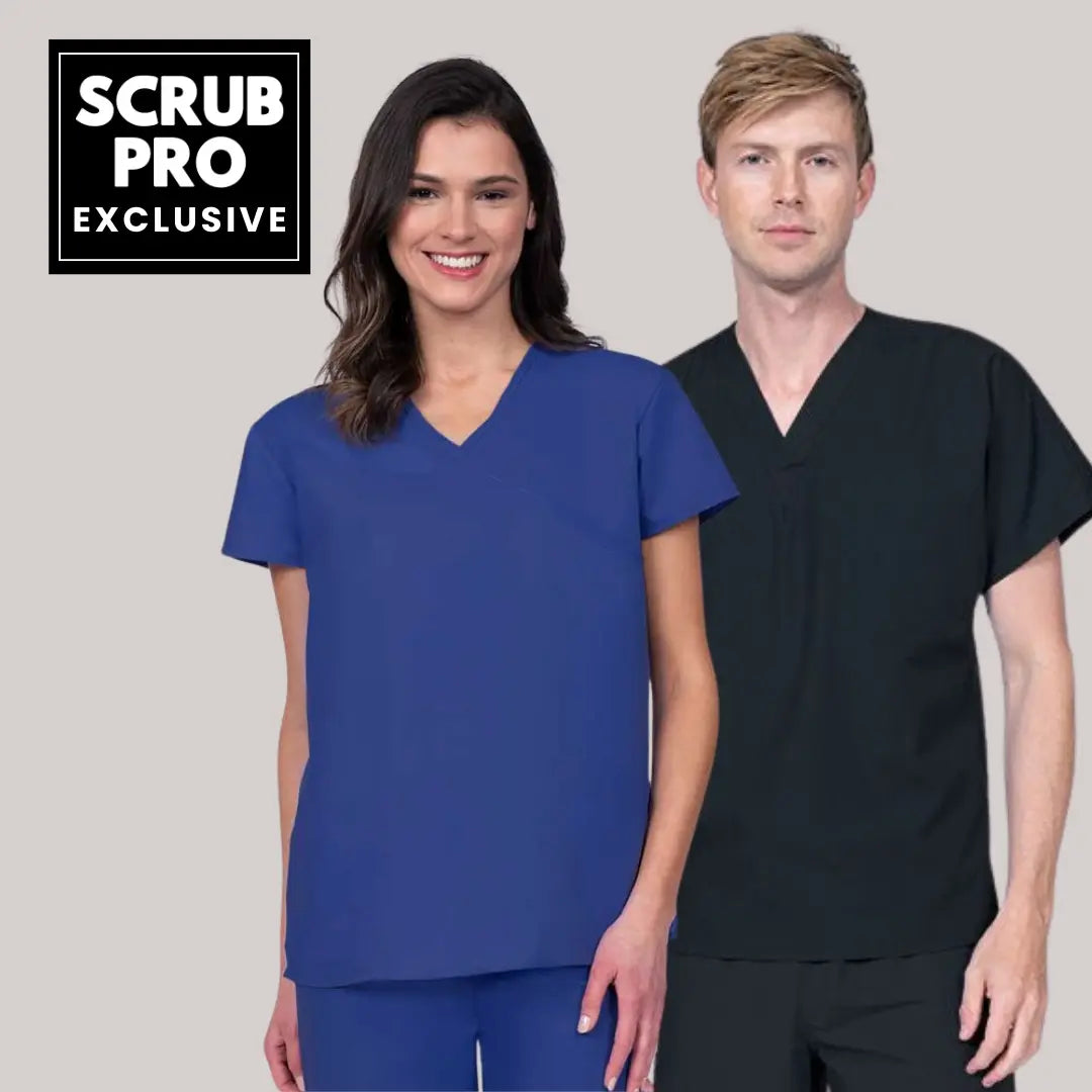 Two young nurses displaying some of the available scrub styles in Scrub Pro Uniforms' collection of Exclusive Pocketless scrubs on a light grey background.