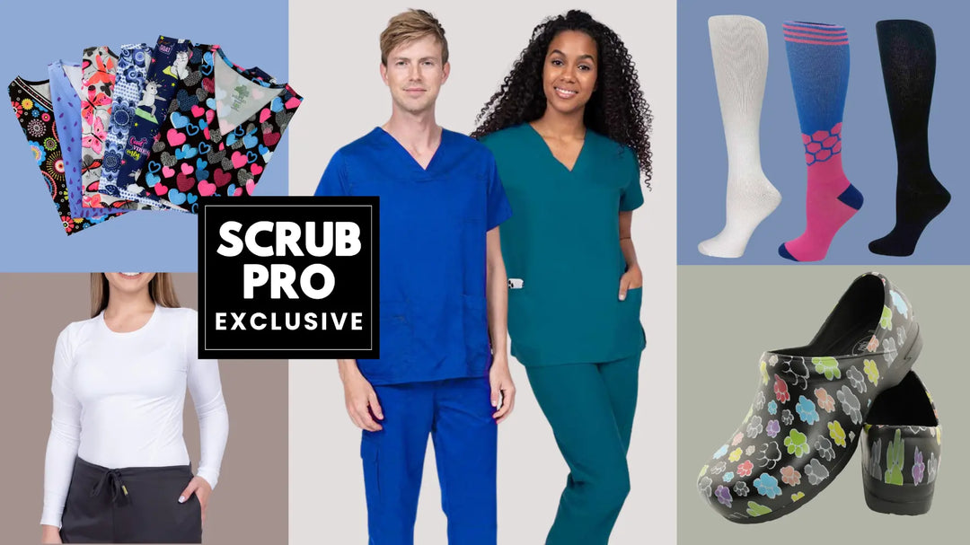 A look at some of the available products in Scrub Pro's Exclusive Scrubs and More collection on a multi-colored background. 