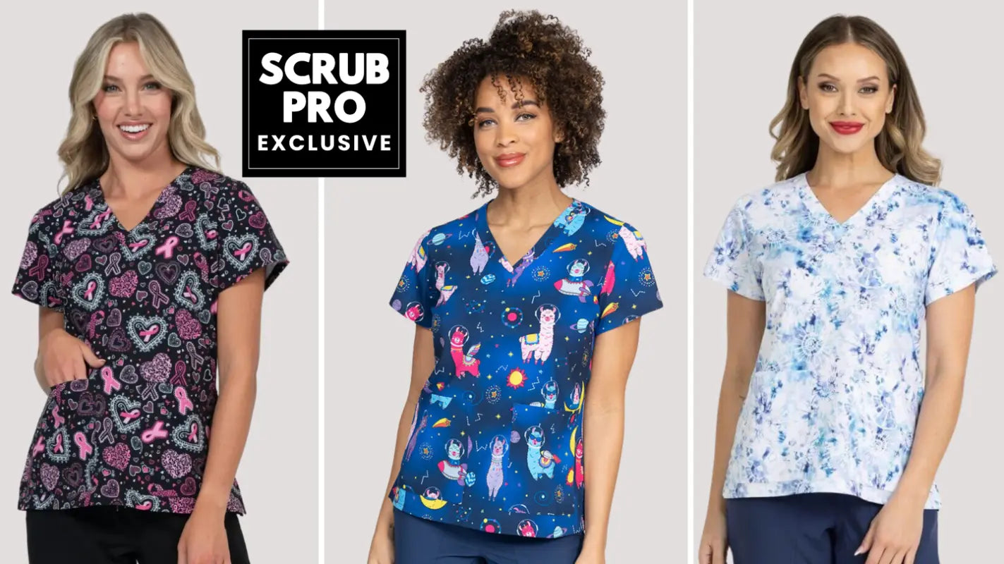 Three female Pediatric Nurses displaying some of the available shirts in Scrub Pro's collection of exclusive women's print scrub tops.