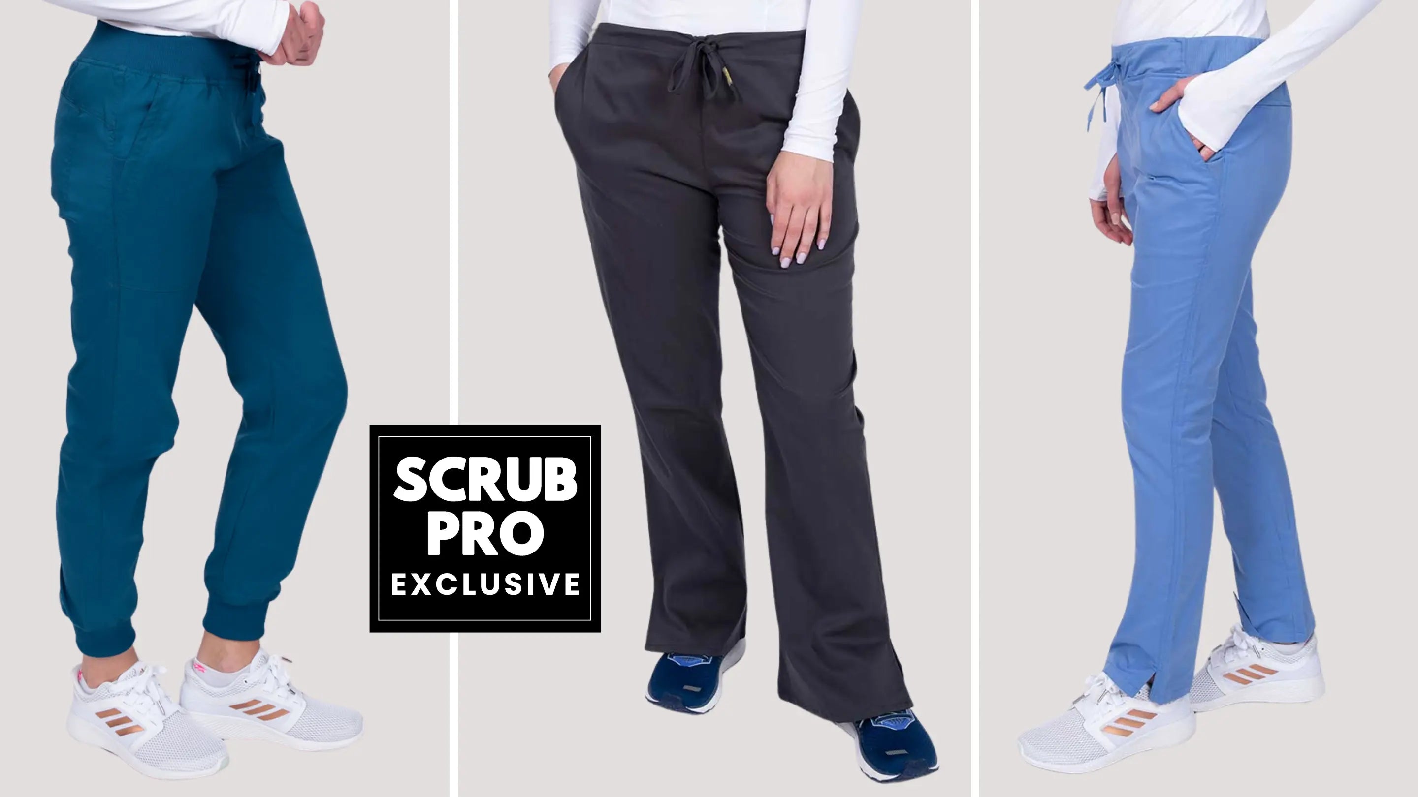 Three young female nurses showcasing some of the available styles in Scrub Pro's collection of Exclusive Women's Scrub Pants on a light grey background.