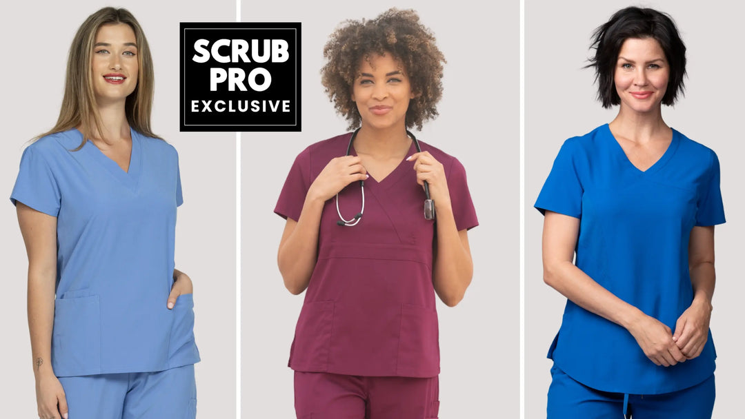 Three young female Nurses showcasing some of the available styles in Scrub Pro's collection of Exclusive Women's Solid Scrub Tops on a light grey background.