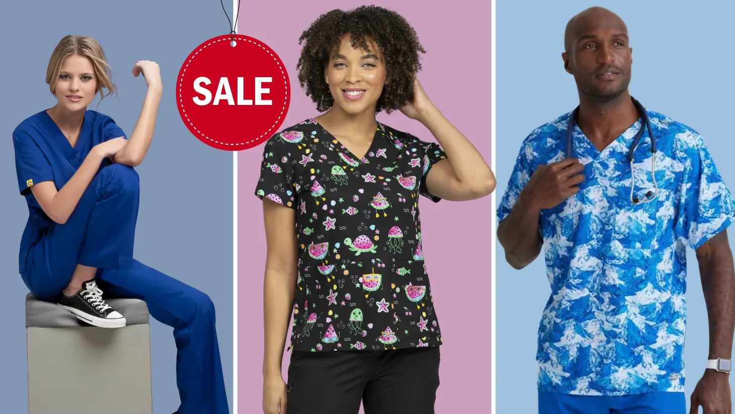 Three nurses showcasing scrubs that are in Scrub Pro's Women's Sale collection on a multi-colored background.