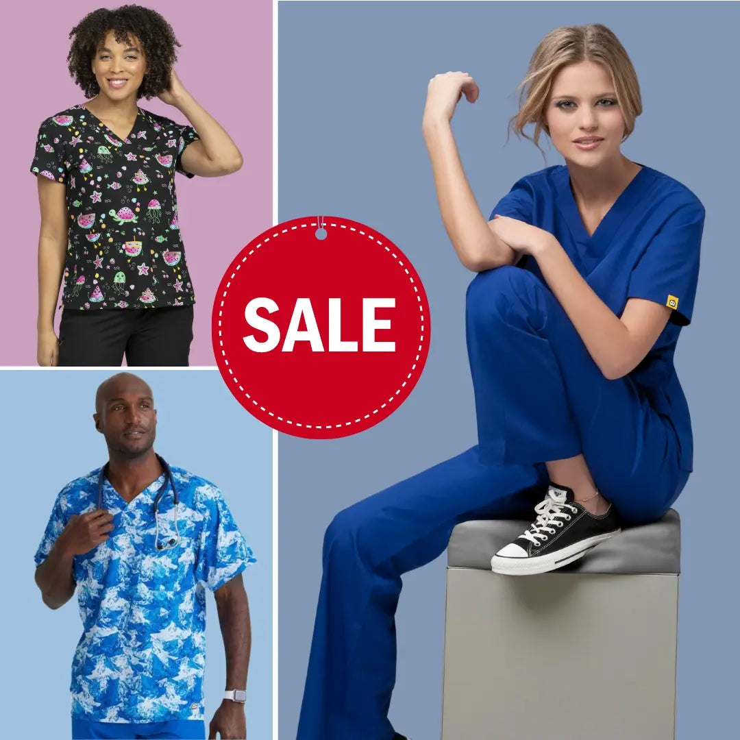 A graphic depicting various scrub styles that are on-sale at Scrub Pro Uniforms on a multi-colored background.