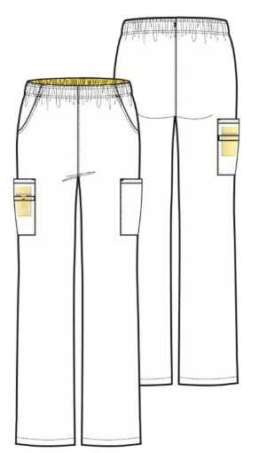 An outline of cargo scrub pants on a white background.