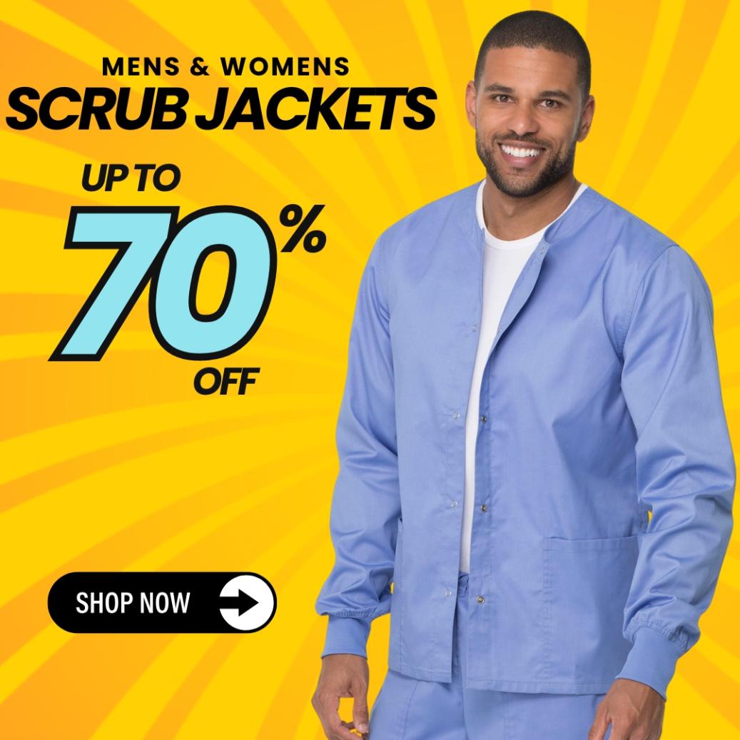 Men & Women's scrub jackets are up to 70% off at Scrub Pro Uniforms.