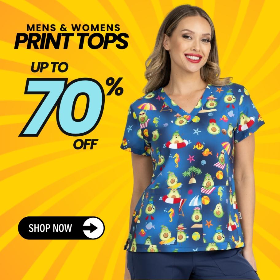 Men & Women's print scrubs are up to 70% off at Scrub Pro Uniforms.