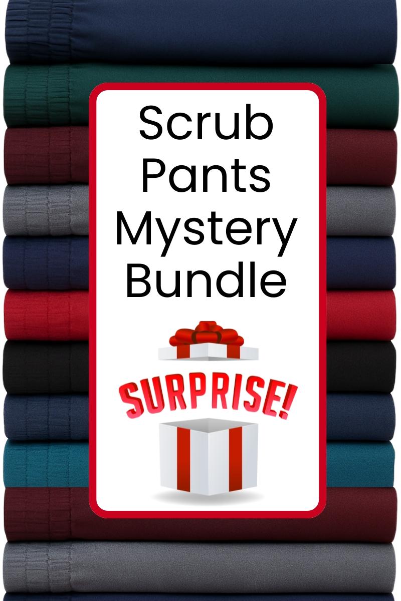 Scrub Pants Mystery Bundle image with colorful stacked pants and surprise box graphic – assorted Landau styles, final sale.