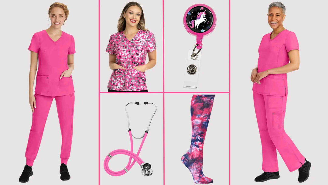 A few female oncology showcasing some of the available products in Scrub Pro's collection of Shocking Pink Scrubs and more on a light grey background.