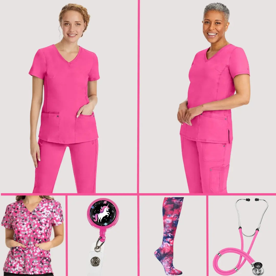 A variety of available products from Scrub Pro's collection of Shocking Pink Scrubs and More on a light grey background.